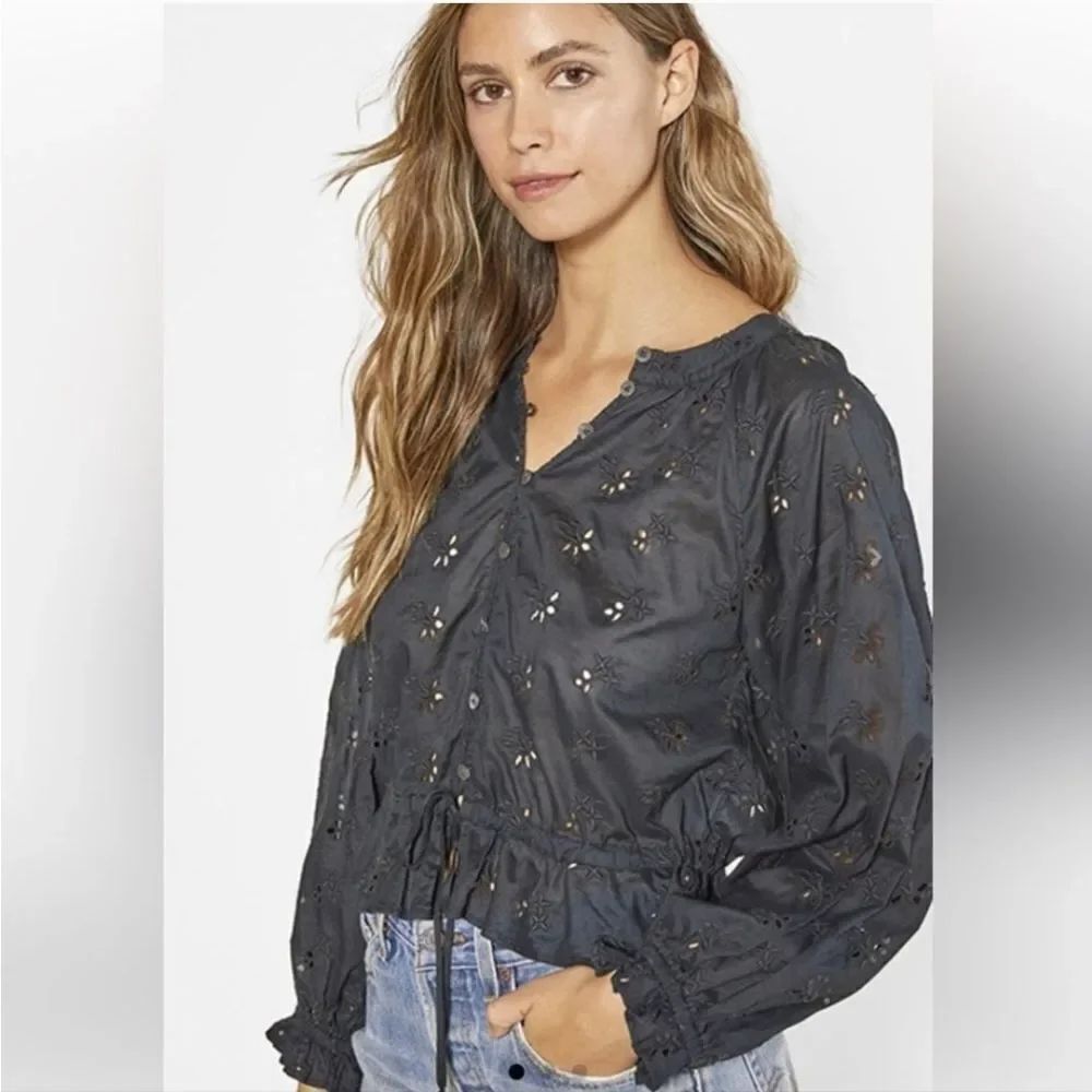Outerknown Poet Blouse Womens XS Black Eyelet Embroidered Top Organic Cotton
